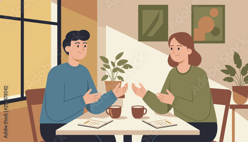 Young man and woman engaged in deep conversation over coffee cups while sitting at a table in a cozy, sunlit cafe with green plants.