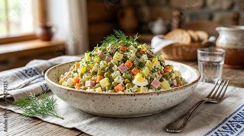 Russian Olivier salad in a rustic bowl. Traditional potato salad with ham and vegetables.