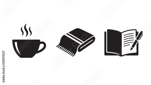 Hot drink notebook and open book with pen icon set