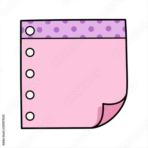 Cute pink sticky note with purple polka dot header and binder holes, cartoon style paper memo for reminders or todo lists, vector illustration