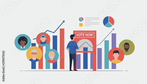 Voter placing a ballot in a voting booth surrounded by charts and diverse citizen avatars representing election results.