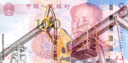Collage of chinese yuan and crude oil pumps. Petroleum, petromoney and crude oil concept