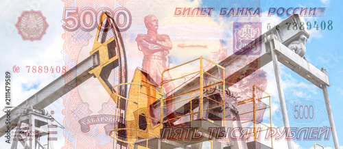 Collage of russian rubles banknote and crude oil pumps. Petroleum, petromoney and crude oil concept