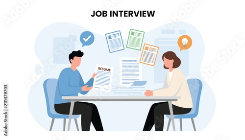 Professional job interview takes place between a male recruiter reviewing a resume and a female candidate at a table.