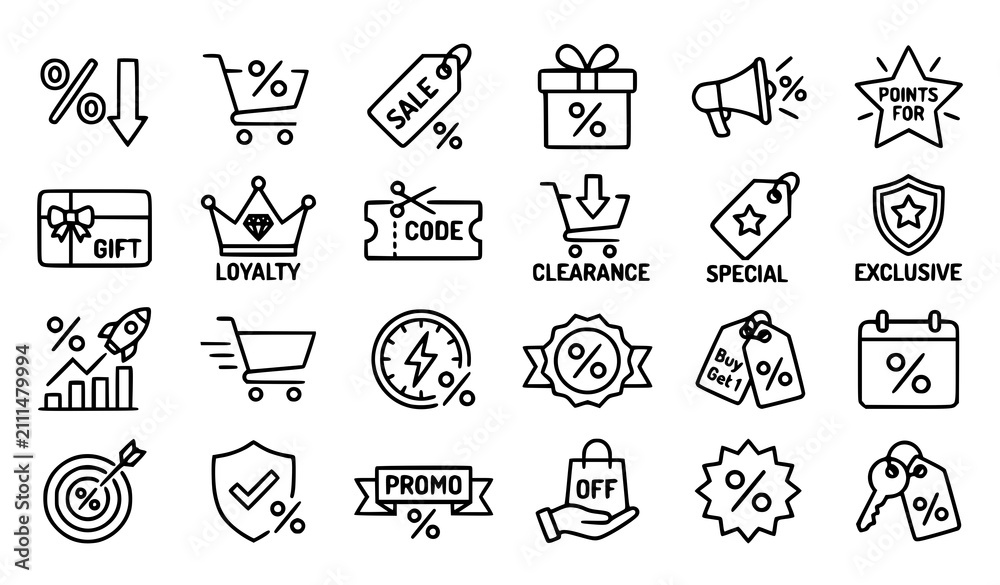 Fototapeta premium Sale Discount Outline Icon Set Black Retail Promotion Vector Illustration