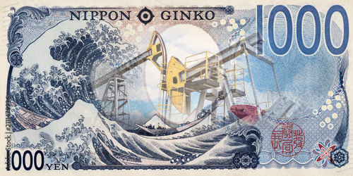 Collage of japanese yen banknote and crude oil pumps. Petroleum, petromoney and crude oil concept