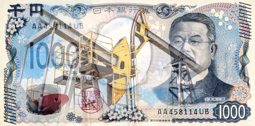 Collage of japanese yen banknote and crude oil pumps. Petroleum, petromoney and crude oil concept