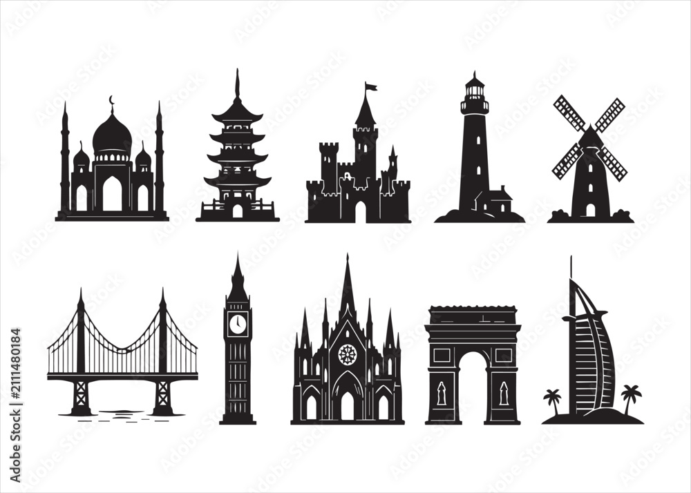 Fototapeta premium Famous Monuments Silhoutte Collection