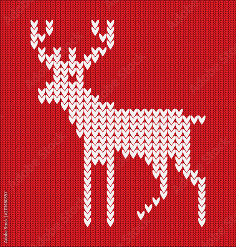 Seamless knitted pattern with a white deer on a red background christmas holiday sweater design, winter festive textile print, vector illustration