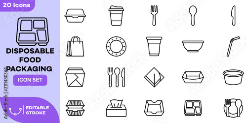 Disposable Food Packaging Line Icon Set. Featuring Takeaway Container and Cutlery Collection with Cup, Plate, Bowl, Fork, Spoon, Knife, Napkin, Straw and Lunch Box Icons. Editable Stroke Vector