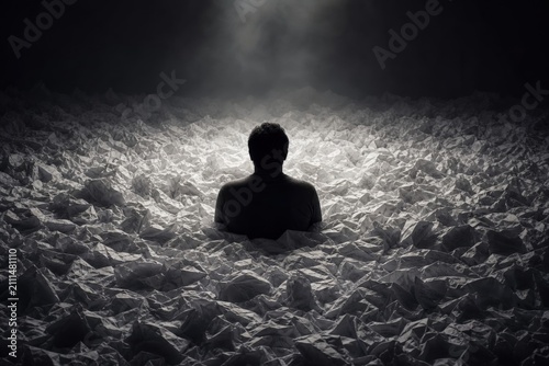 A silhouette stands waist-deep in an ocean of crumpled paper, giving the invisible weight of mental overload a tangible form.