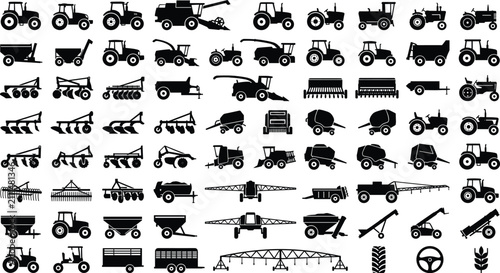 Foto Vector collection of agricultural machinery silhouette icons including tractors,