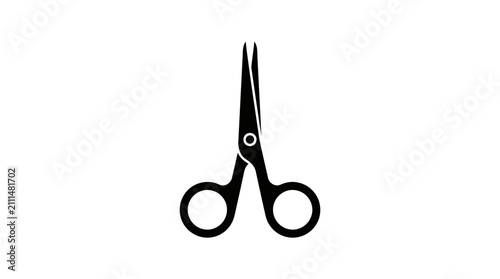 Minimalist black silhouette of closed pair of scissors.