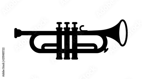 Horizontal black silhouette of a trumpet musical instrument.