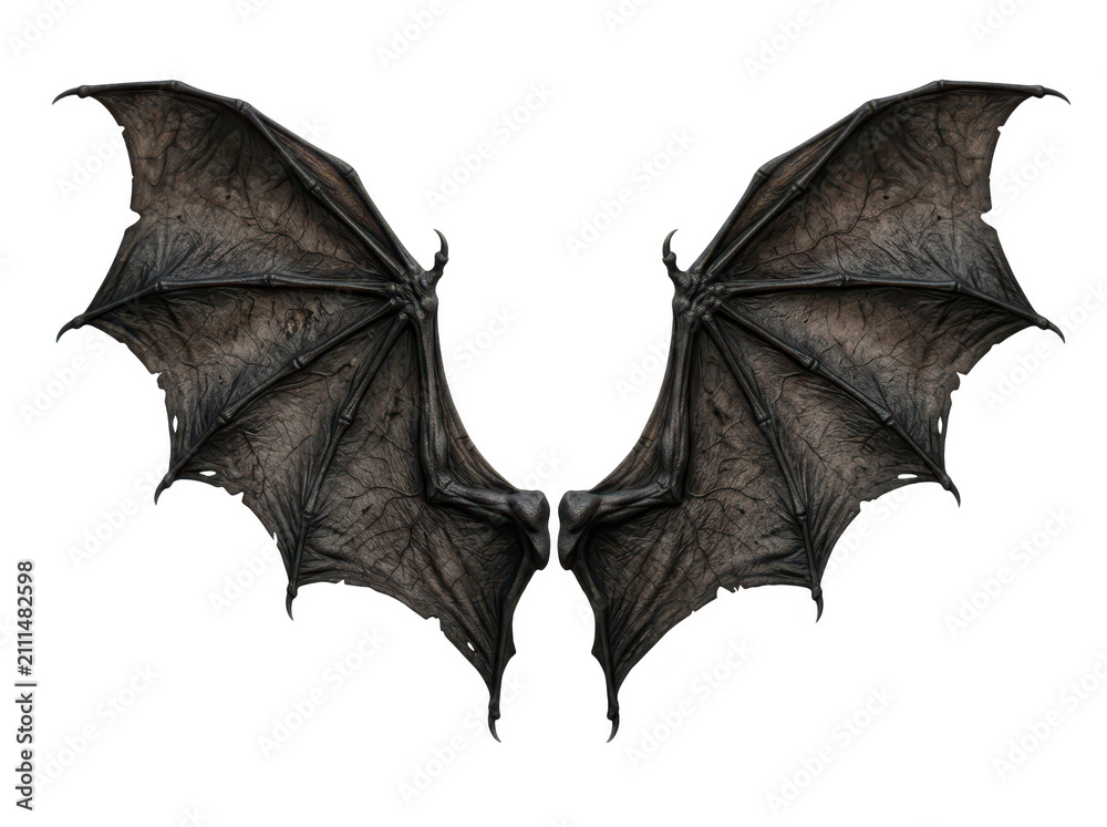 Naklejka premium Detailed dark demon or dragon wings isolated on transparent background. Perfect for fantasy creature design and.