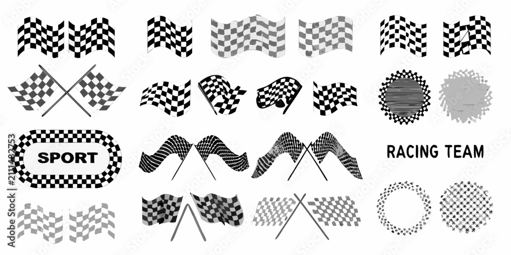 Fototapeta premium Checkered Flags And Racing Elements Black And White Vector Illustration