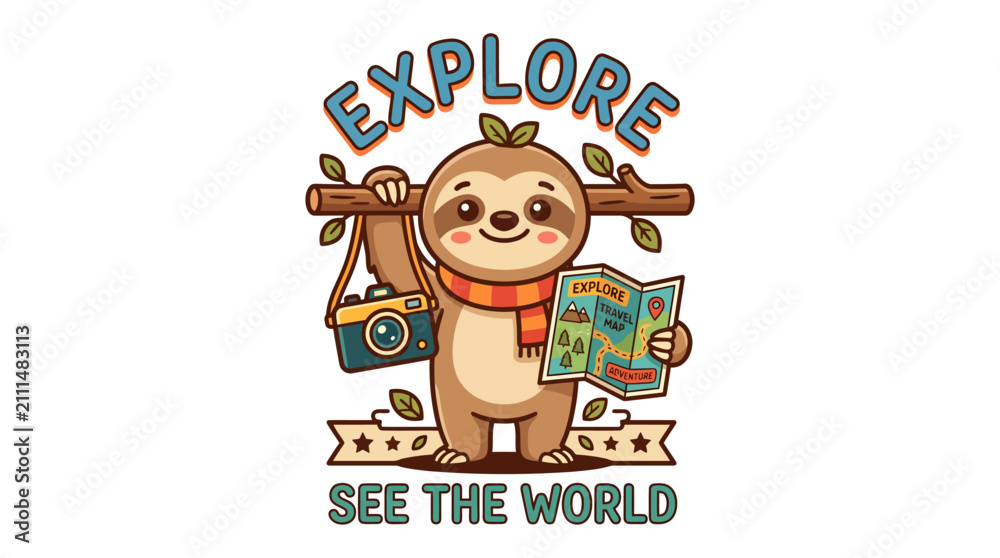Fototapeta premium Cute cartoon sloth traveler with camera and map exploring the world.