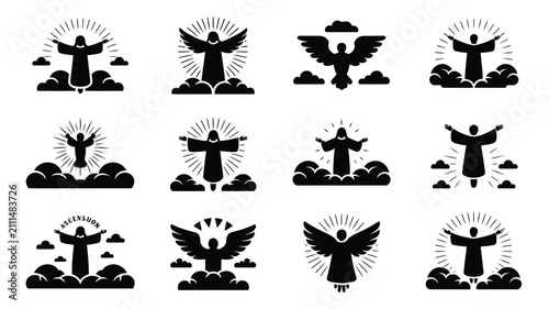 Fotografi Twelve minimalist black angelic ascension figures with radiant light with silhou