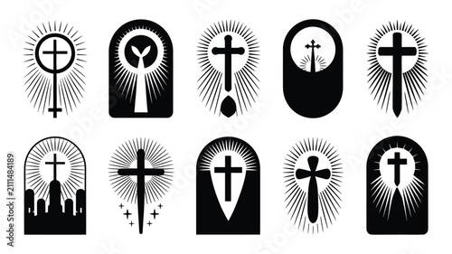 Quadro su tela Elegant black and white religious symbols with radiating sunburst designs in var