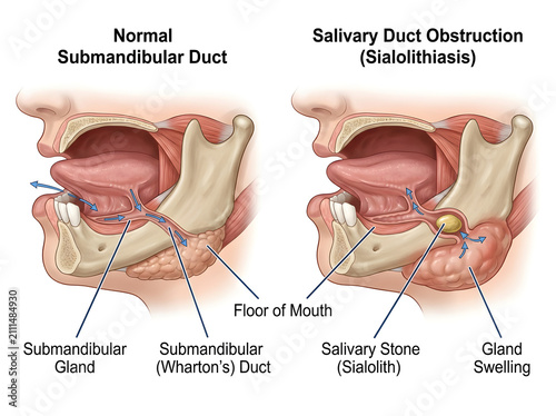Salivary duct obstruction and normal submandibular gland diagram isolated on white background