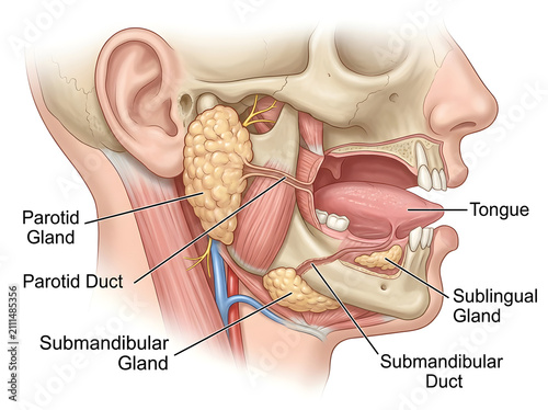 Human salivary glands and ducts anatomy diagram illustration isolated on white background
