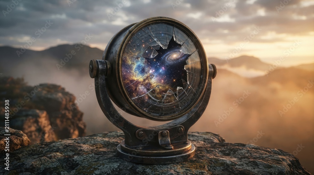 Obraz premium Broken vintage compass showing nebula and galaxy