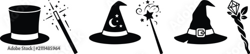 Foto Magician, wizard, and witch hats with magic wands silhouette vector icon set