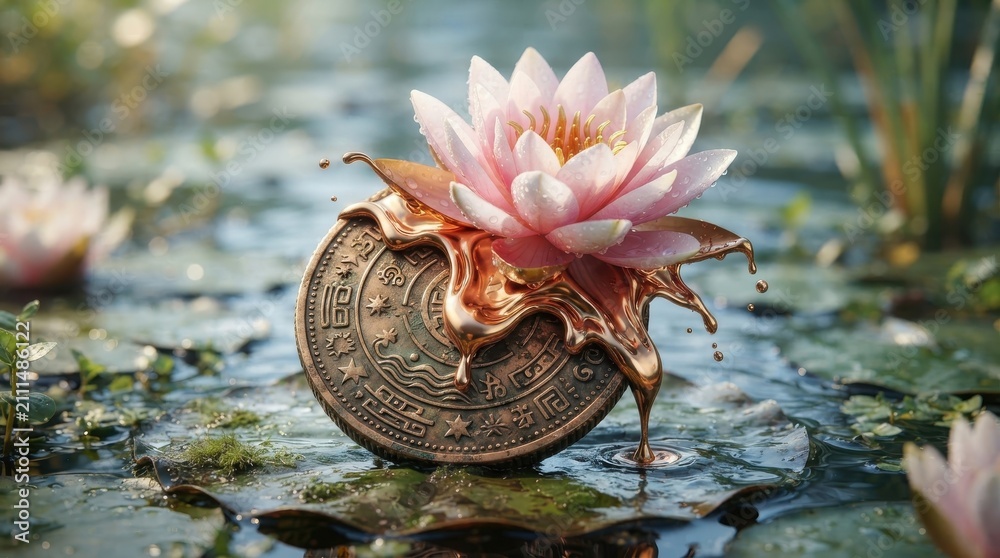 Obraz premium Pink water lily flower on metallic coin in pond