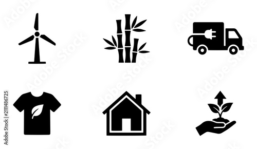 Eco friendly silhouette icons set, renewable energy, sustainability concepts, nature, business