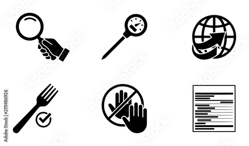 Food safety icons set, magnifying glass, thermometer, globe, fork, no touch, nutrition label, solid black style, culinary