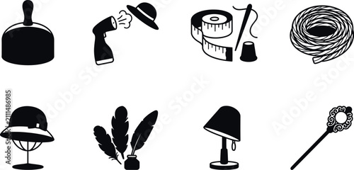Fotografie Millinery and hat making equipment icons set