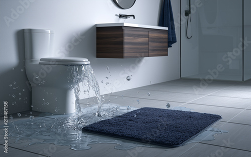 Water floods bathroom floor near toilet. Blue rug soaked, reflecting light. Shower area visible behind vanity. Modern fixtures show no signs of damage.