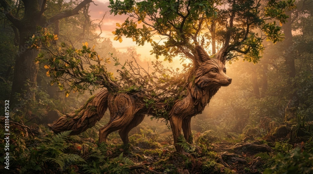 Obraz premium Fantasy wooden fox creature in a magical forest