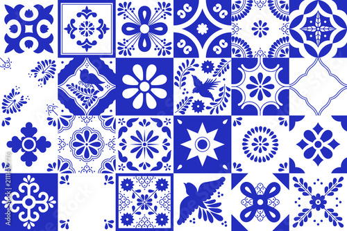 Set of traditional mexican talavera tile patterns. Blue and white ceramic art from Puebla. Mediterranean geometric ornament with flowers, leaves, swirls, bird motifs. Vector background.