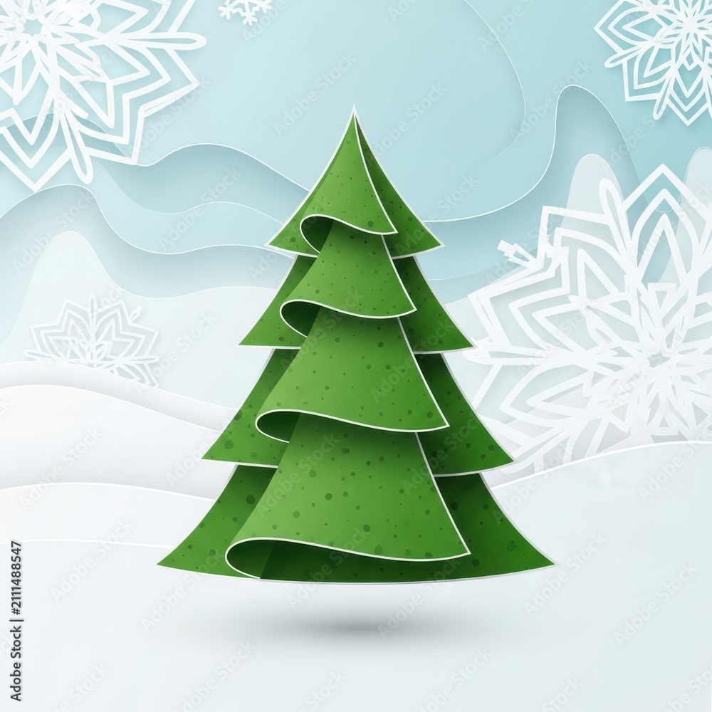 Obraz premium Stylized green paper Christmas tree with decorative snowflakes in background