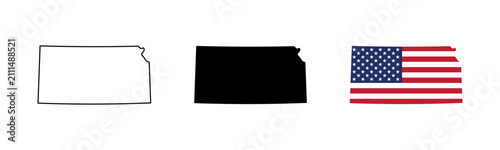 Kansas state outline, silhouette and American flag icon set