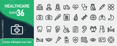 Foto Healthcare icon set featuring thirty six medical line art symbols for profession