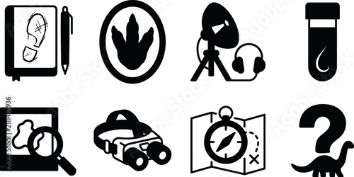 Foto Set of dinosaur research and paleontology icons