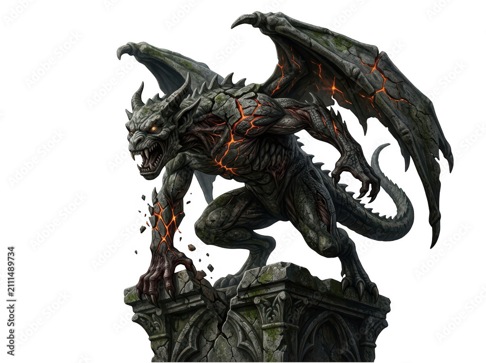 Fototapeta premium Fearsome stone gargoyle monster with glowing magma cracks isolated on transparent background. Dark fantasy gaming.