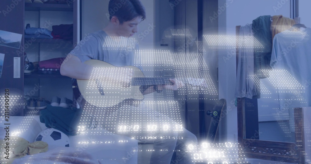 Obraz premium Teen on bed tuning guitar pegs, shifting frets, strumming as light grid pulsing, practicing music