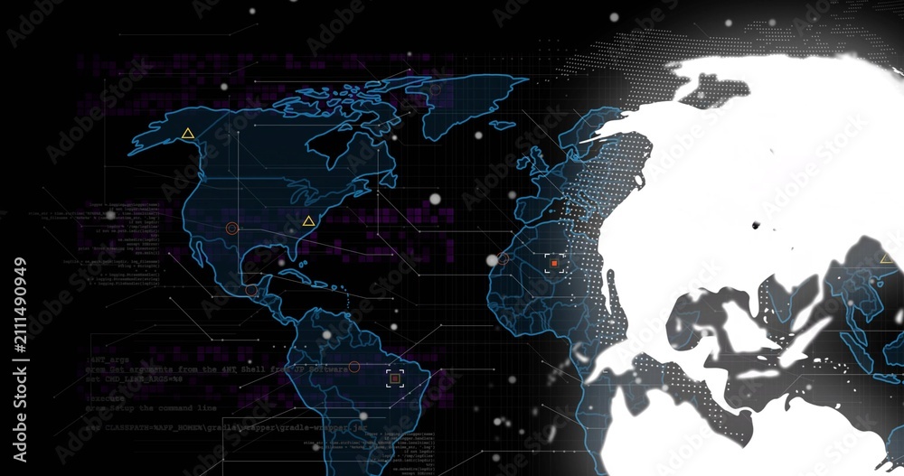 Obraz premium Globe appearing right, rotating left and revealing land while overlays pulsing, visualizing data