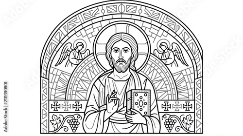 Konstfotografi Detailed line art of Jesus Christ with halo and angels.