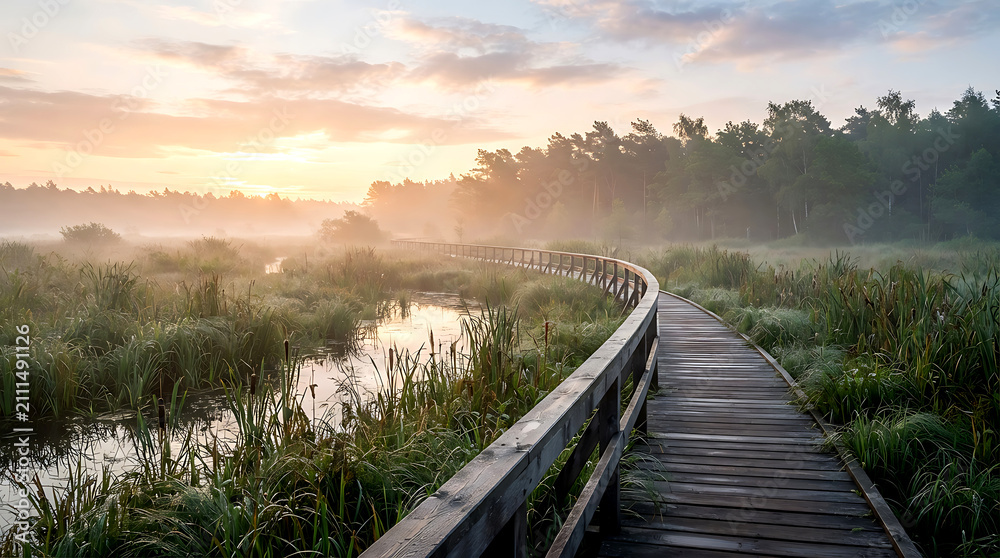 Fototapeta premium Wooden boardwalk in a misty marsh at sunrise. Scenic nature trail through a swampy wetland.