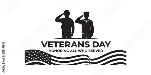 Veterans day graphic with saluting soldiers and american flag illustration