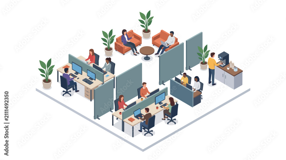 Fototapeta premium Isometric illustration of diverse professionals working in a modern office
