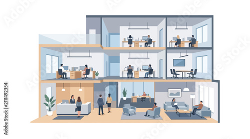 Fotografie Cross-section illustration of people working in a modern office building