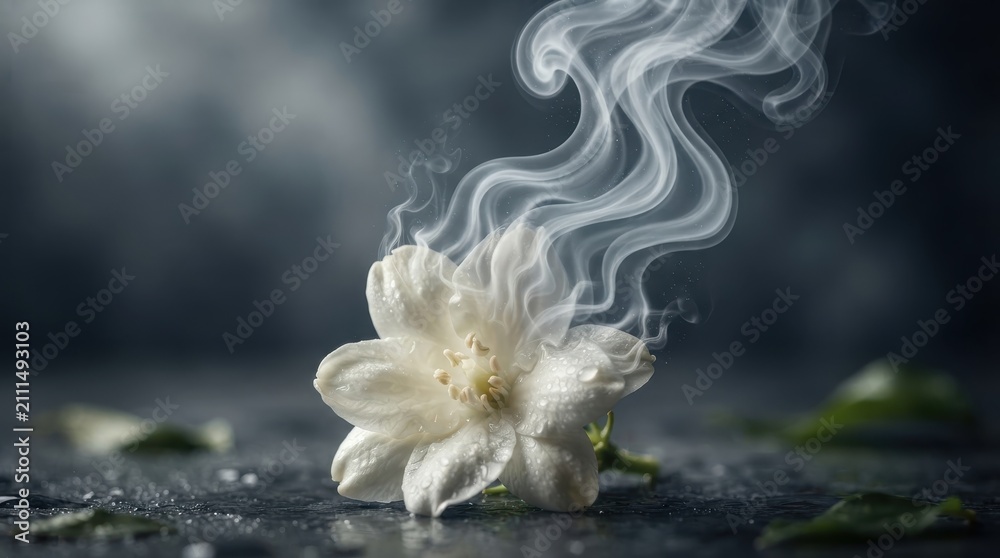 Obraz premium White flower with swirling smoke wisps