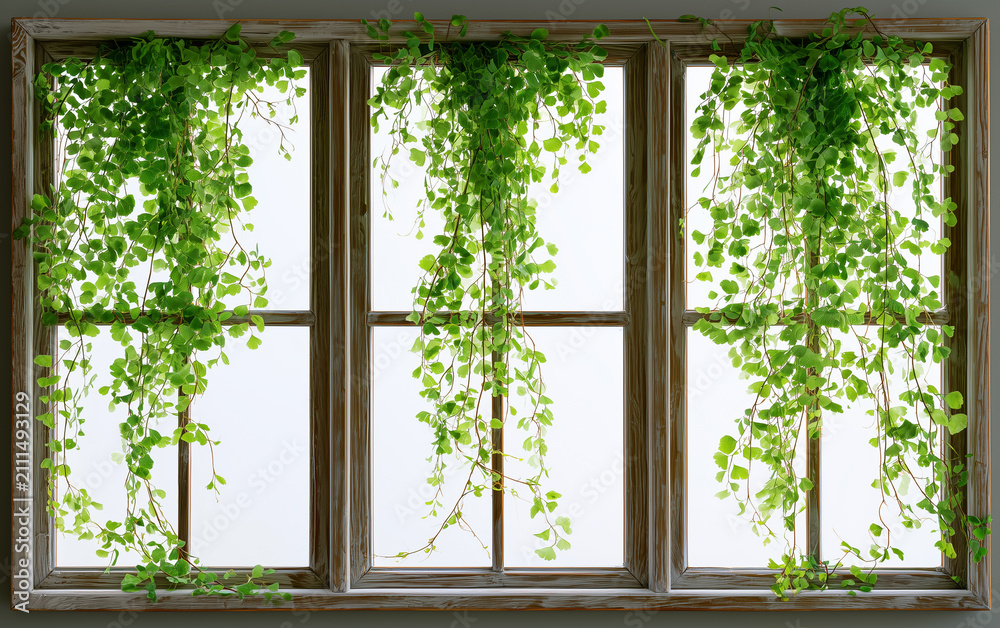 Fototapeta premium Lush green hanging fern leaves viewed through a classic wooden framed window with soft natural light