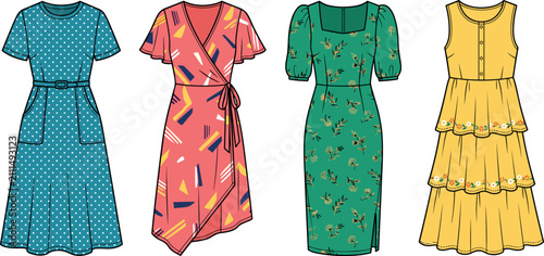 Set of diverse women summer dresses vector flat sketches featuring various styles and colorful patterns