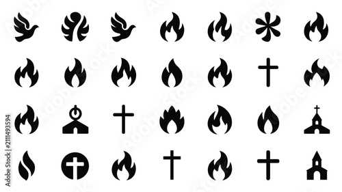 Картината върху платно Minimalist black flame and religious symbol vector icons collection with religio